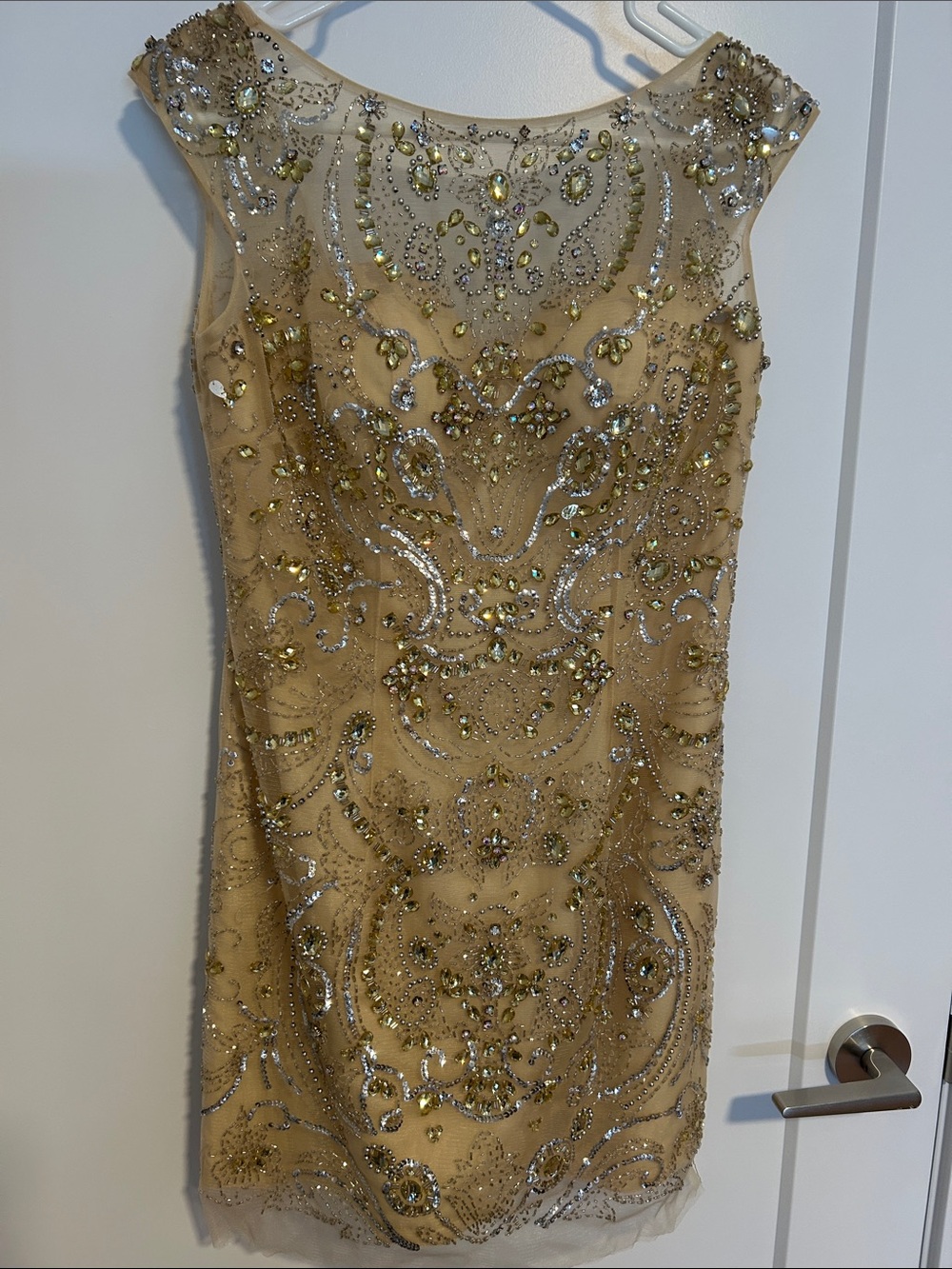 Beaded Champagne Mini Dress with Crystal Embellishment